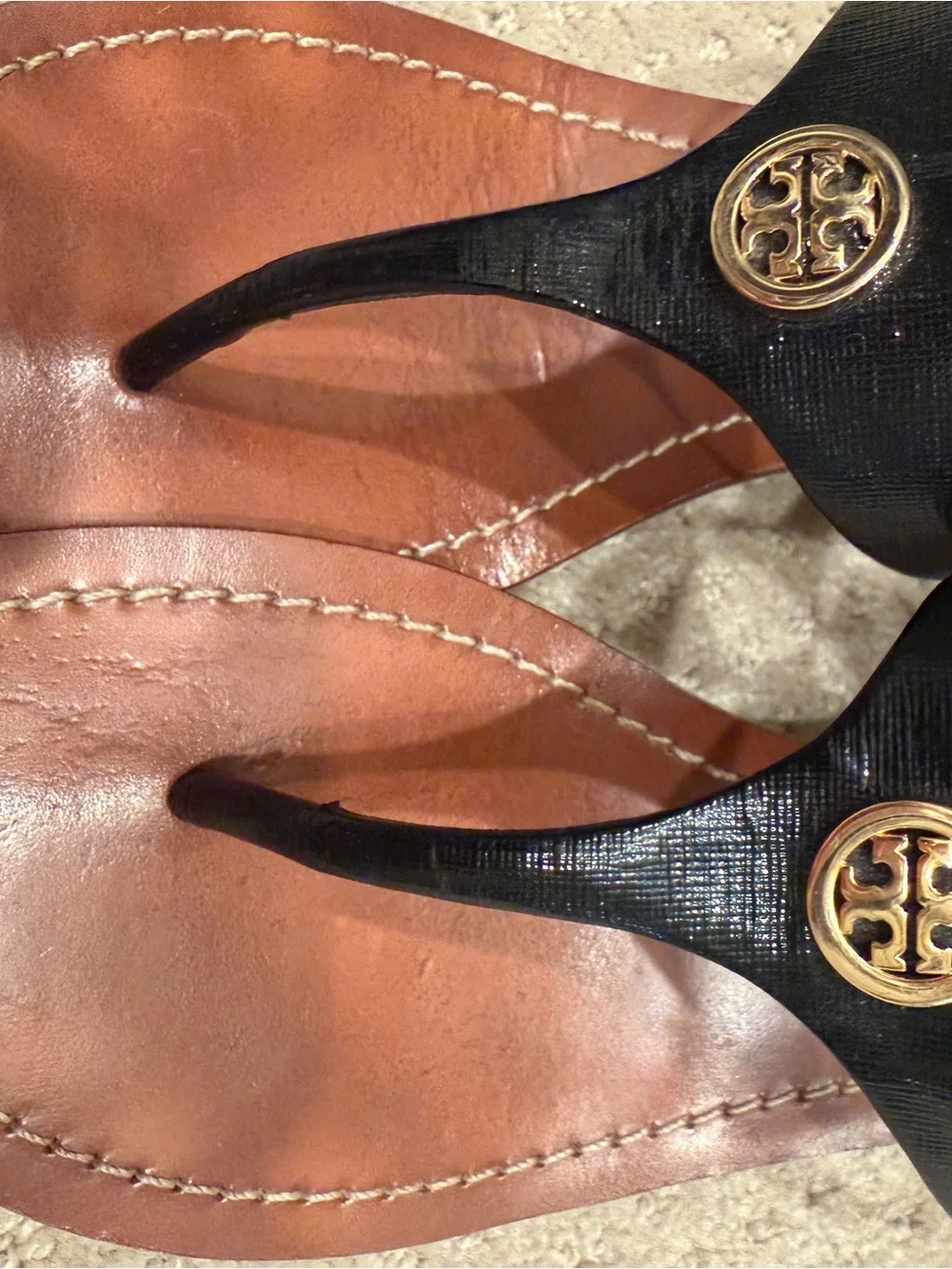 Tory Burch Black Leather Thong Sandals with Gold Logo